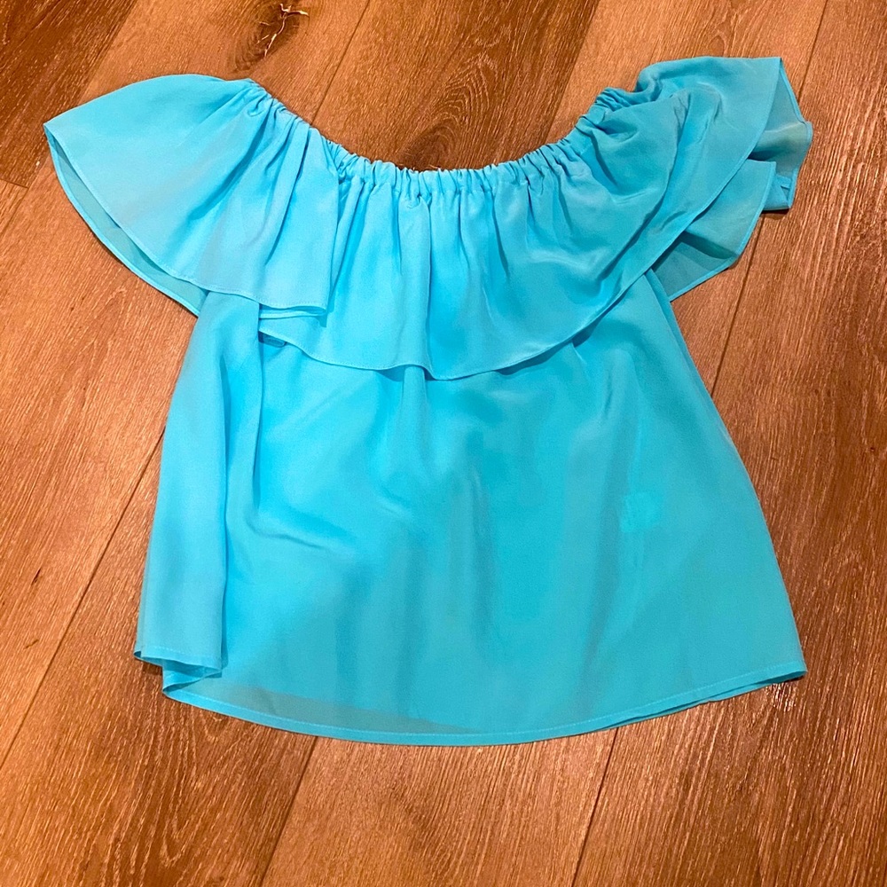Yumi Kim off the shoulder bright blue top